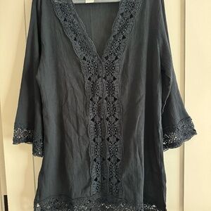Deep V-Plunge Black Cotton Gauze Swim Cover-up with Crochet Lace detailing